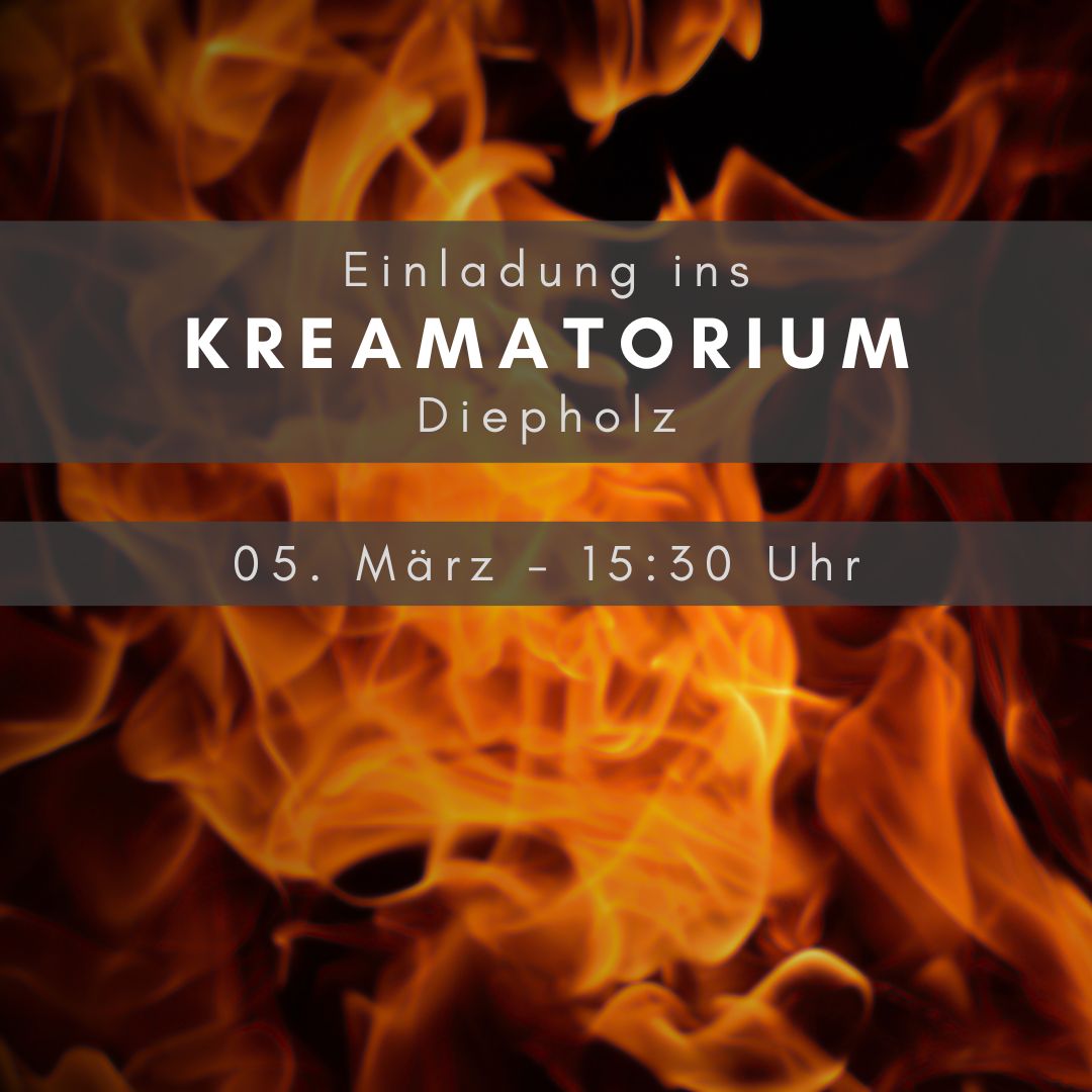 Im Hintergrund Flammen. Im Vordergrund der Text mit der Einladung zum Besuch es Krematoriums