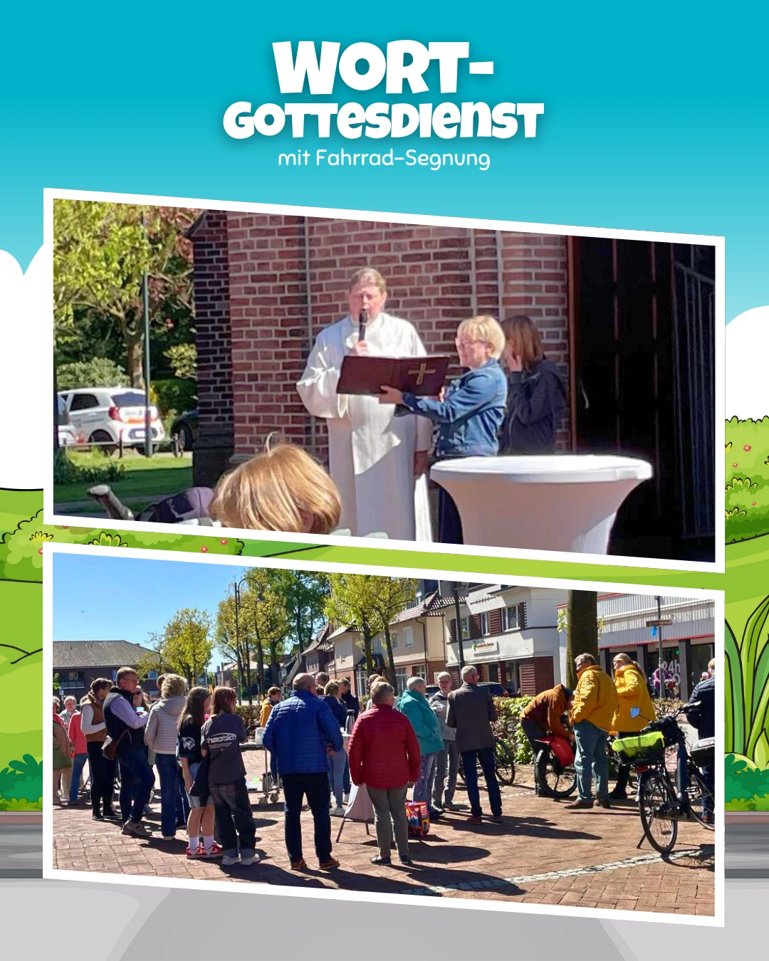 Menschen unterschiedlichen Alters versammeln sich bei sonnigem Wetter vor der Kirche St. Peter und Paul in Holdorf. Eine Wortgottesdienstleiterin leitet den Wortgottesdienst, einige Besucher stehen mit Fahrrädern im Vordergrund, andere tauschen sich im Hintergrund aus.
