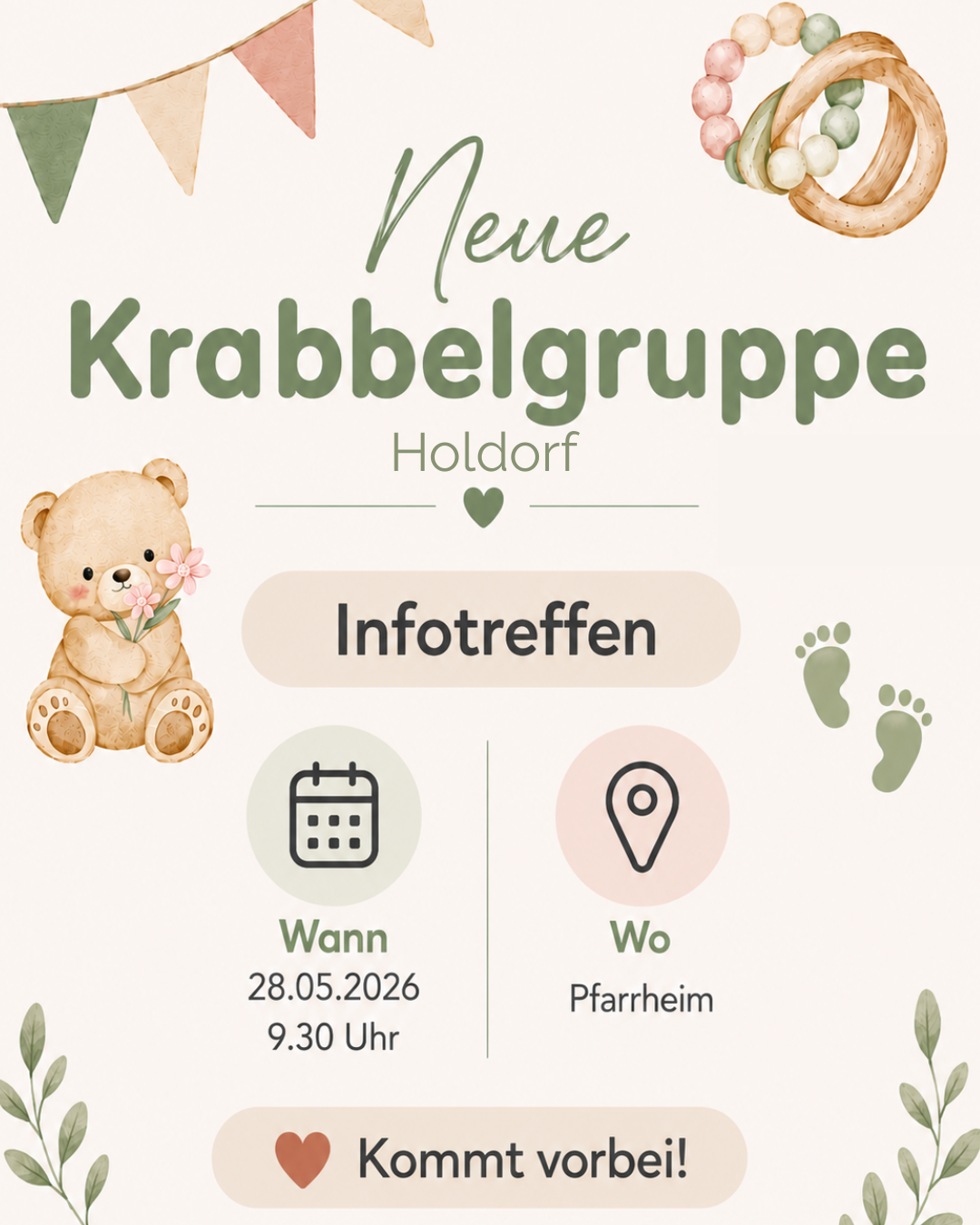 Pastellfarbener Flyer für eine neue Krabbelgruppe in Holdorf mit liebevollen Baby-Motiven wie einem Teddybären, Holzringen und kleinen Fußabdrücken. Der Flyer informiert über ein Infotreffen am 28.05.2026 um 9:30 Uhr im Pfarrheim Holdorf und enthält Kontaktdaten von Katharina Kositza und Ulla Peters.